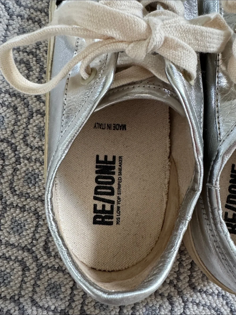 Re/Done Silver Sneakers with Black & White Stripe Detail